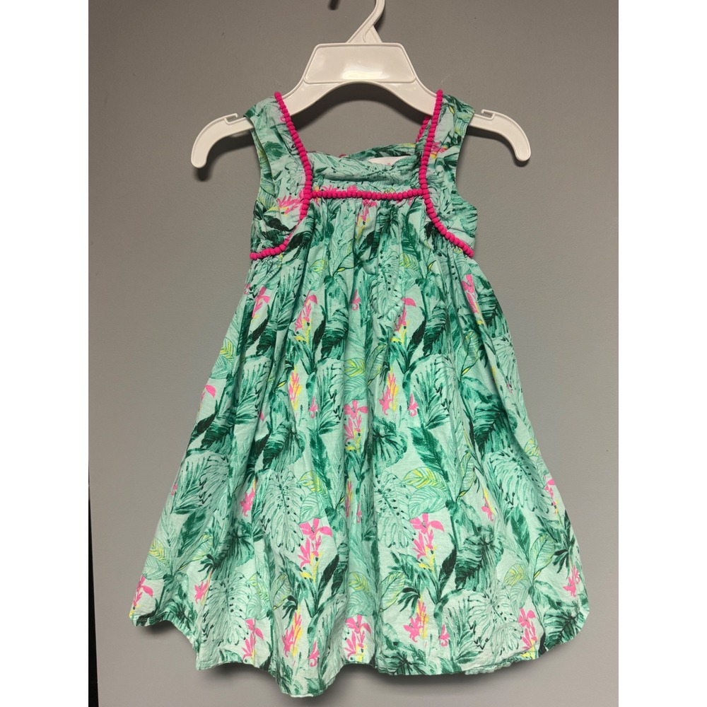 Tommy Bahama Kids Girls Tropical Leaf‎ Print Dress Pink Pom Trim Size 5T Summer